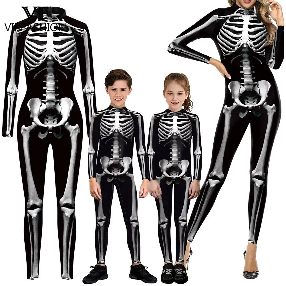 Moda VIP jednakowy garnitur rodzinny 3D szkielet Zentai body karnawał Purim fantazyjne przebranie na karnawał przebranie dla rodziców i dzieci