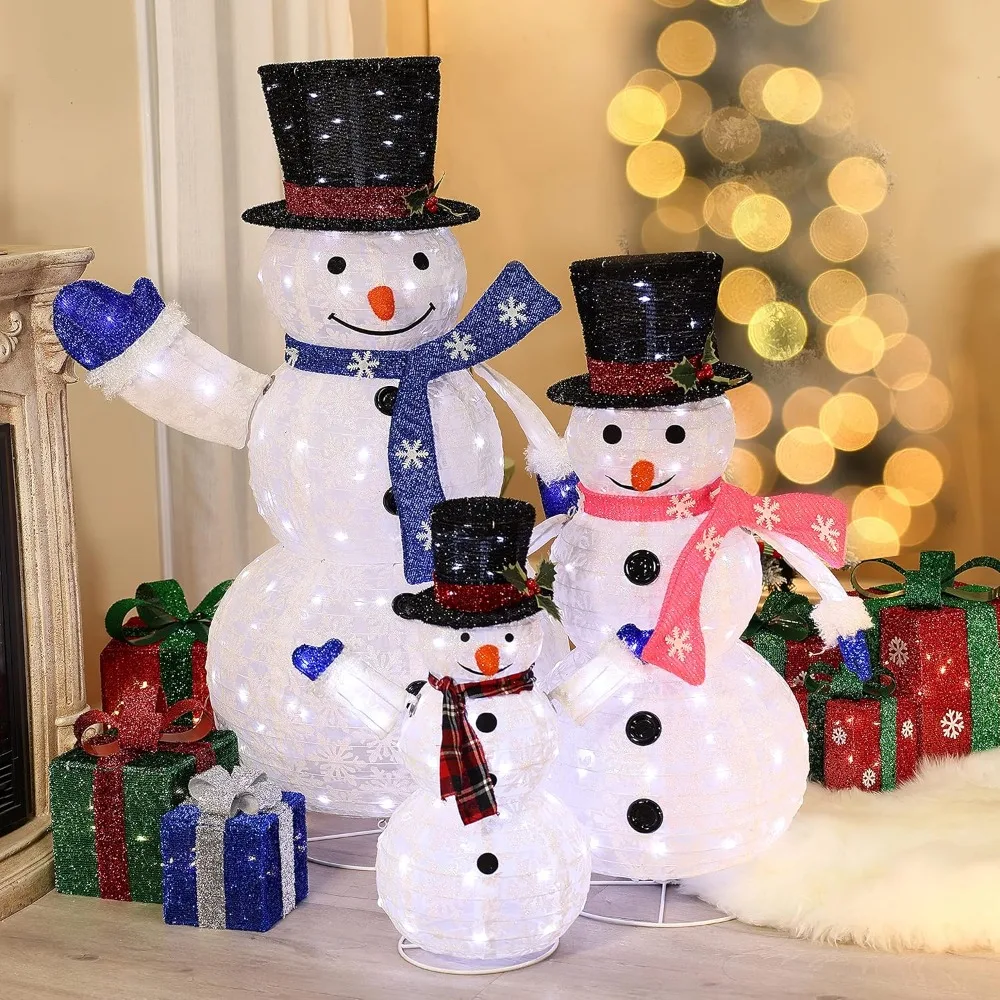 Decoraciones navideñas iluminadas, juego de 3 adornos navideños de muñeco de nieve de 48", decoración navideña de muñeco de nieve para patio, adornos navideños