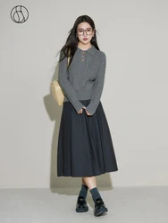 DUSHU 9.4% Wool Polo Neck Front Shoulder Women Dark Grey Winter Short Pullovers Three Mental Button Design Female Sweater