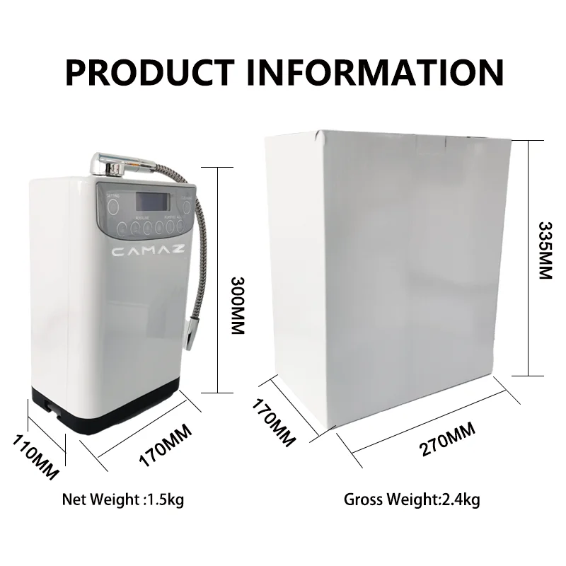 

CAMAZ Alkaline Ionizer Hydrogen Water Ionizer Machine with 1000-2000ppb Concentration Desktop & RV Use Made in China