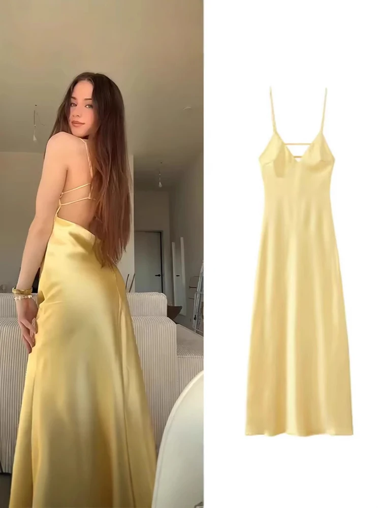 FSMG mode jaune sans manches taille haute col en V longues robes élégant Satin Sexy dos nu fronde jupe soirée Robe dame