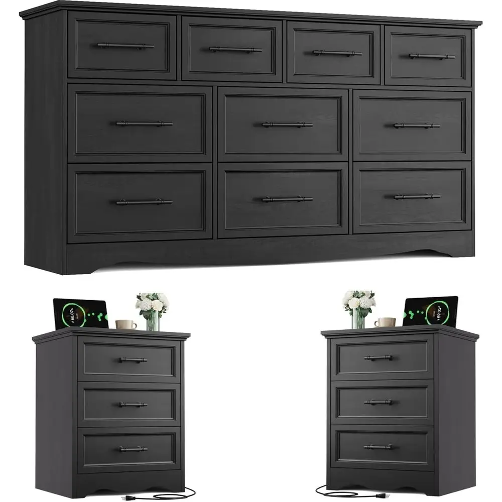 

3-Piece Wooden Bedroom Furniture Set with 10-Drawer Dresser and 3-Drawer Nightstands, Charging Station Included, Black