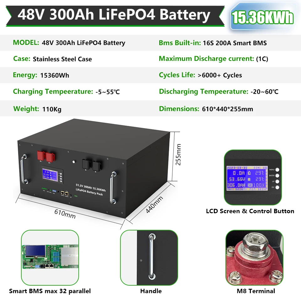 48V 300Ah LiFePO4 AKKU Battery Pack 15Kw 6000+ Cycle RS485/CAN PC Monitor 16S BMS 51.2V 100Ah 200Ah For Off/On Gird Solar System