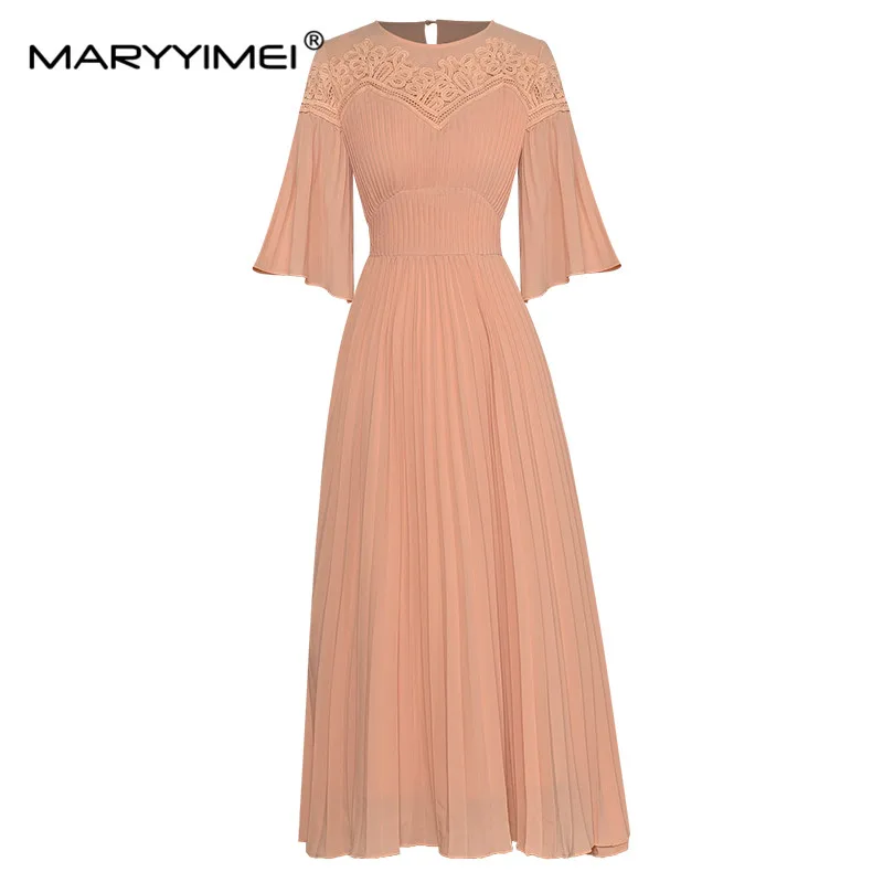 

MARYYIMEI Summer Fashion Women's dress Embroidery Patchwork Elegant Flare Sleeves Waist up Elegant Pleated Dresses