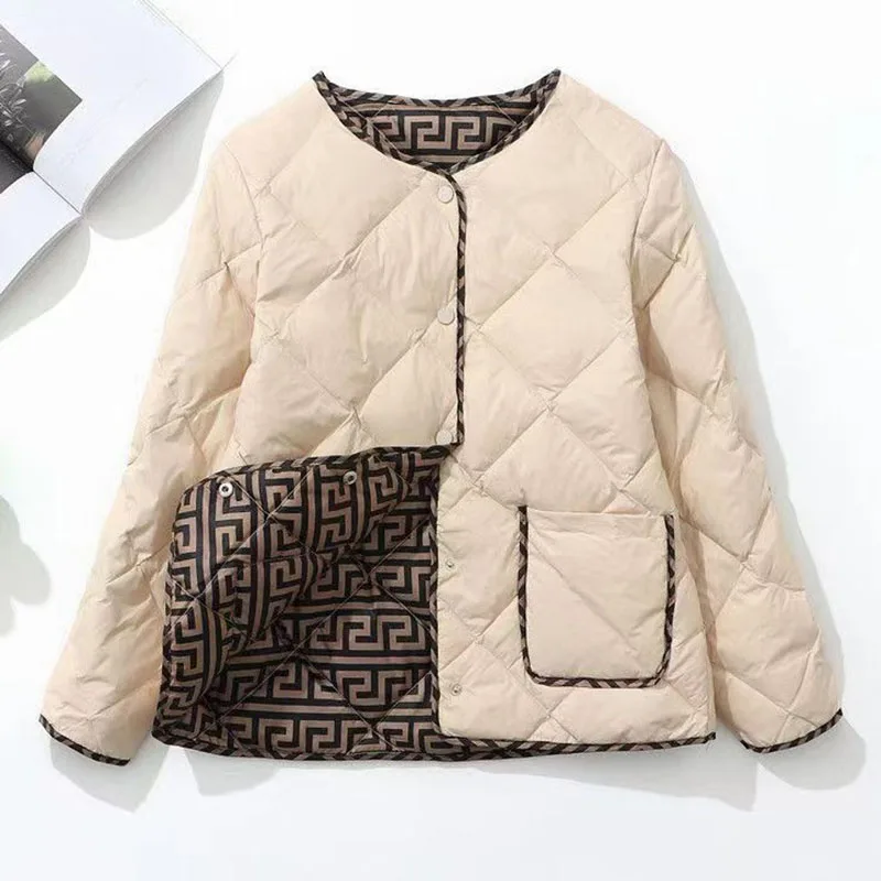 Retro Women\'s Round Neck Cotton-padded Coat Short 2024 autumn Winter New Female Color Rhombic Coat Pattern Trend Joker Overcoat