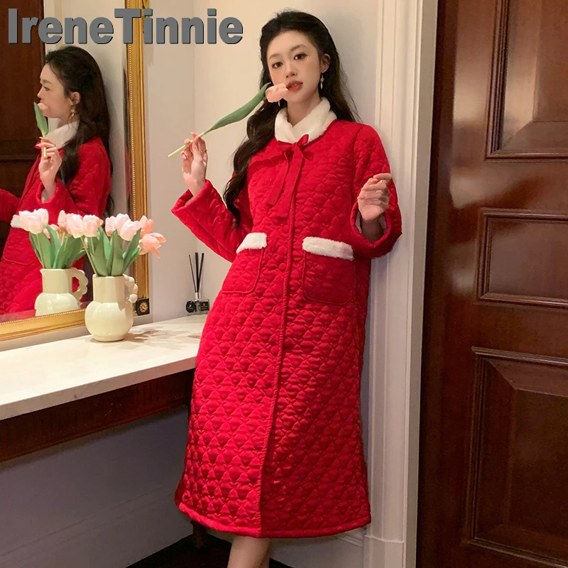 

IRENE TINNIE Satin Loose Long Robe Nightdress Women's Fashion Warm Nightgown Winter Thickened Stand Collar Long Sleeve Nightwear