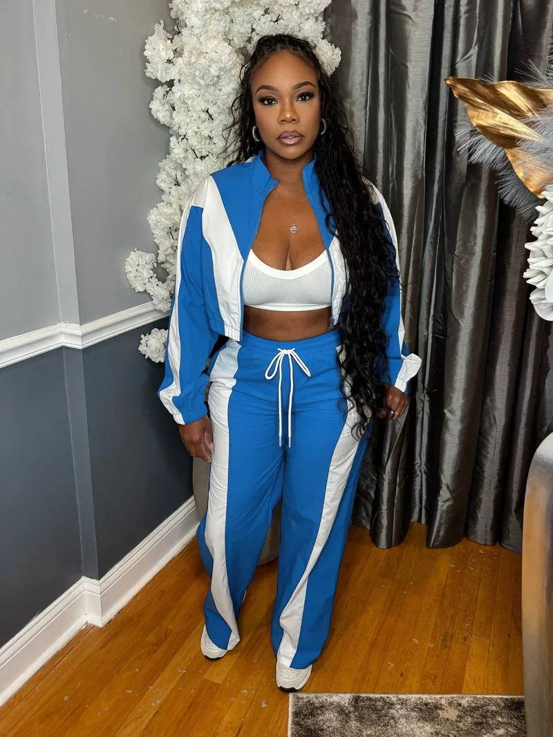 

GUWU Fashion Fall Color Blocked Zipper Cardigan and Wide Leg Drawstring Sports Pants Two-piece Set for Women's Clothing