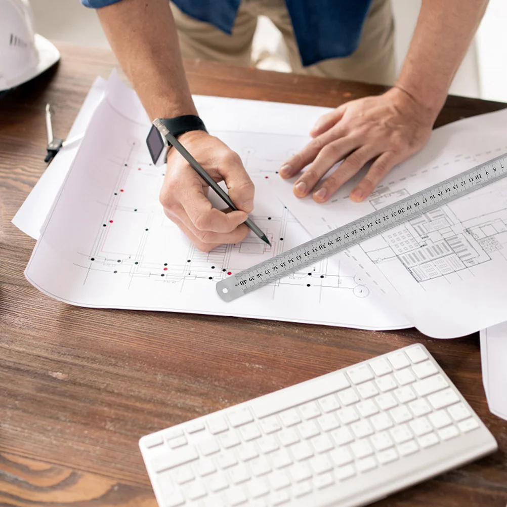 2Pcs StainlessSteelRuler ThickenedDurable Lightweight DoubleSided Woodworking MeasurementTool OfficeDrawing Gauge Ruler Metal