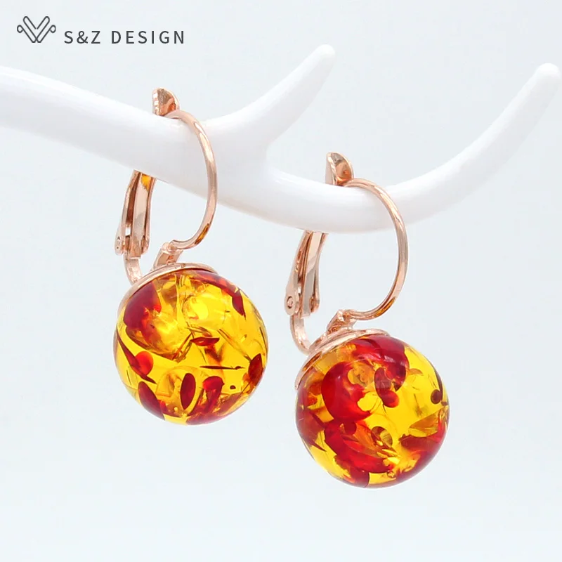 S&Z DESIGN New Fashion Round Imitation Flower Ambers Dangle Earrings For Women Jewelry 585 Rose Gold Color Eardrop Gift