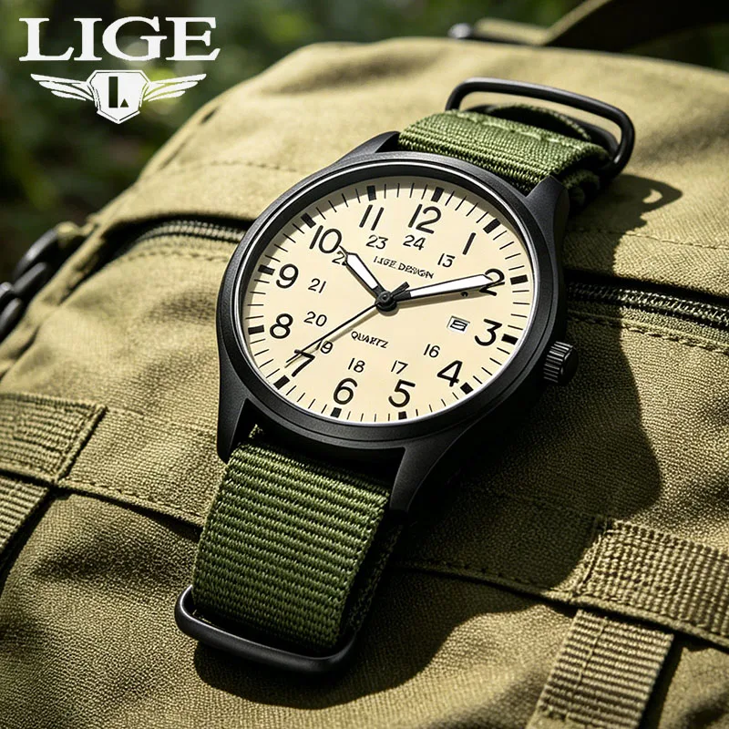

LIGE 2026 mens wristwatch simple fashion luminous waterproof calendar 12/24 clock nylon sports quartz military watches men reloj