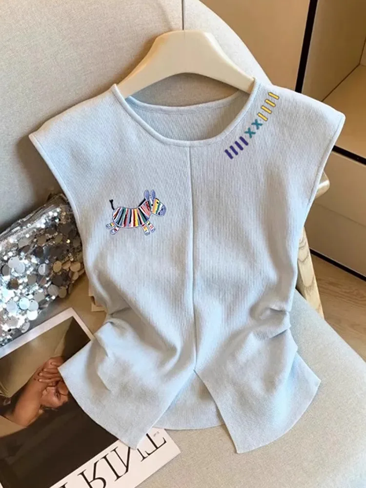 Top Curto F Estilo Coreano com Bordado de Cavalo Arco-Íris de Verão, Regata Linda Sem Mangas, Gola Redonda e Caimento ...