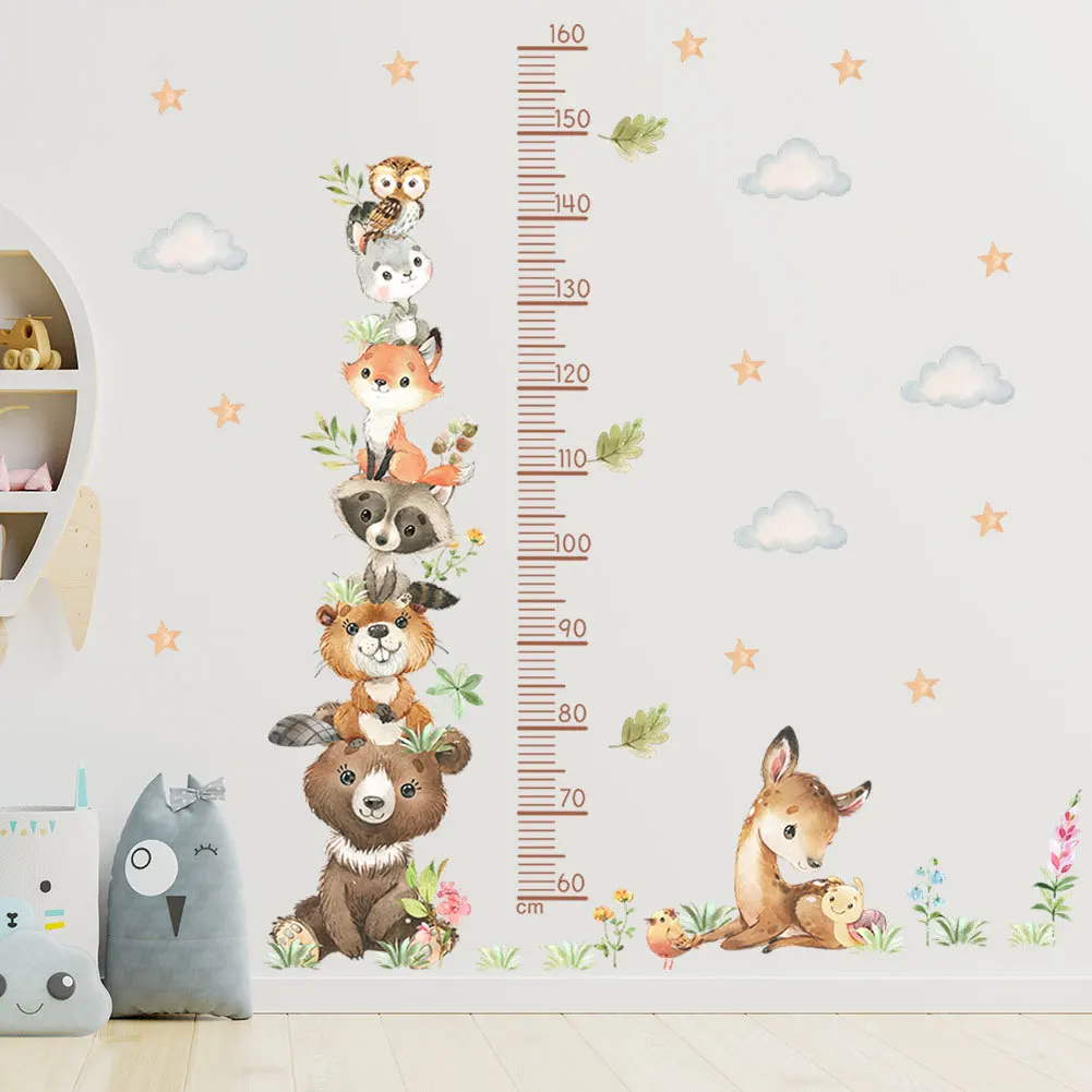 Cute Forest Animals Height Measure Wall Stickers for Kids Boys Girls Room Decoration Growth Chart Wallpaper Vinyl Self- adhesive