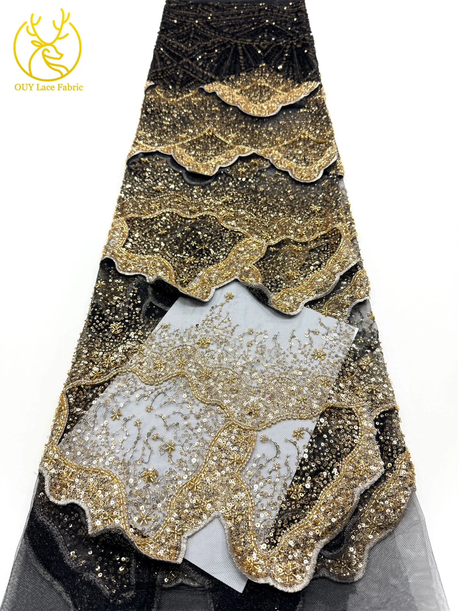 Goldene luxuriöse nigerianische 3D handgefertigte DIY-Stickerei-Spitze, afrikanische Perlen-Pailletten-Spitze für Damen, Hochzeitskleid, Partykleid, zum Nähen – Detail 13
