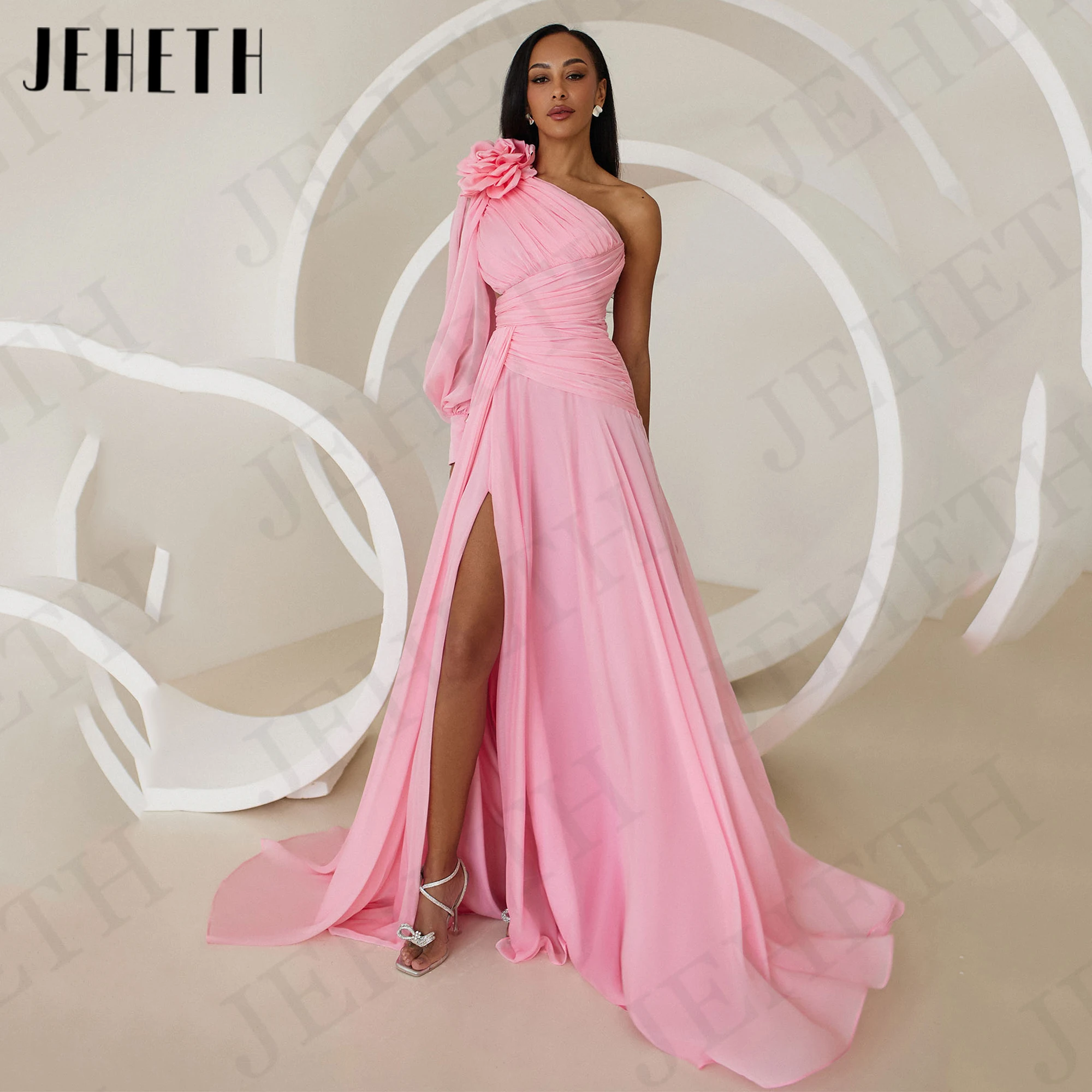 

JEHETH A Line Saudi Arabia Prom Dress Elegant One Shoulder Chiffon Formal Occasion Dresses Pink Split Woman فساتين سهره سعوديه