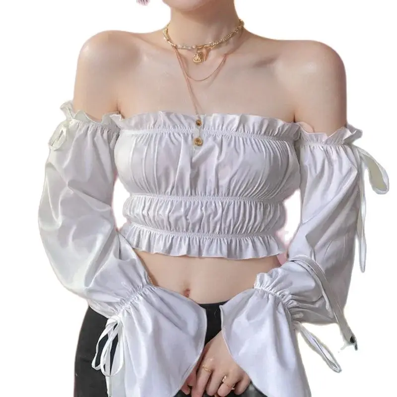 Women Crop Top Sexvy Off Shoulder Long Sleeve Solid Color White Summer Top Ruffle Tunic Korean Fashion Style Blouse