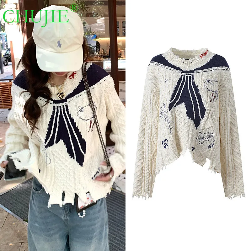 

CHUJIE 2025 Autumn Winter New Color-Block Navy Collar Cartoon Embroidery Hem Ripped Design Fashion Versatile Sweater