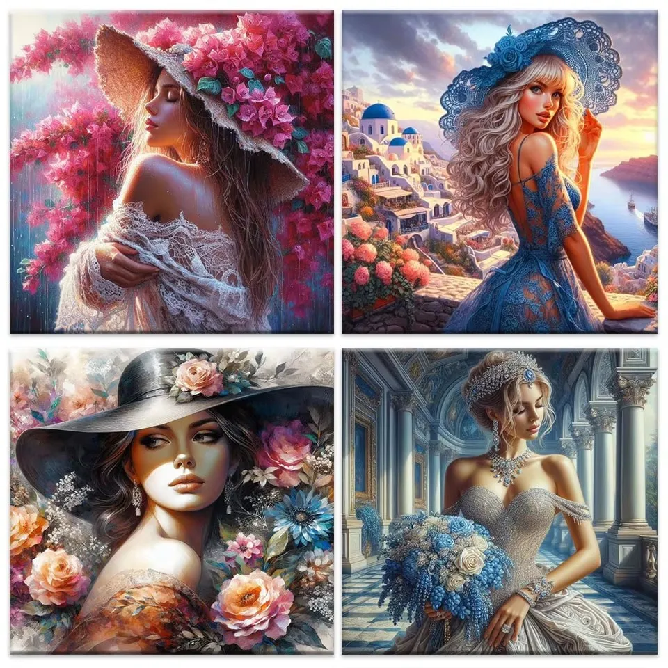 

Алмазная картина «Женщина в цветочном шляпе», новая коллекция, ручная работа, полная дрель, алмазная вышивка, портретный пейзаж, 5D подарок, декор