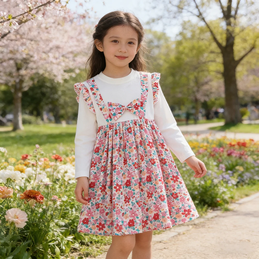

2026 New Spring Summer Long Sleeve Girls Dress Children's Bowknot Princess Dress Cute Floral Dress Pink Birthday Dress 2-8 Years