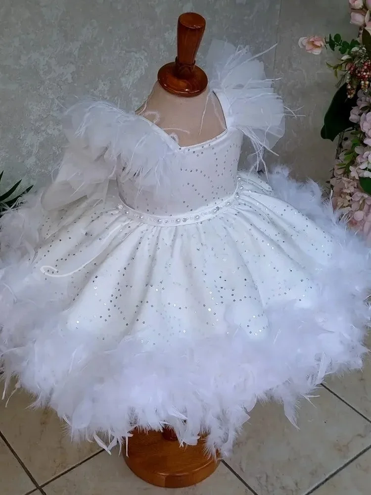 Puffy Kids Girl Feather Dance Performance Costume White Lush Frocks Summer Wedding Party Children Princess Dresses For Girls