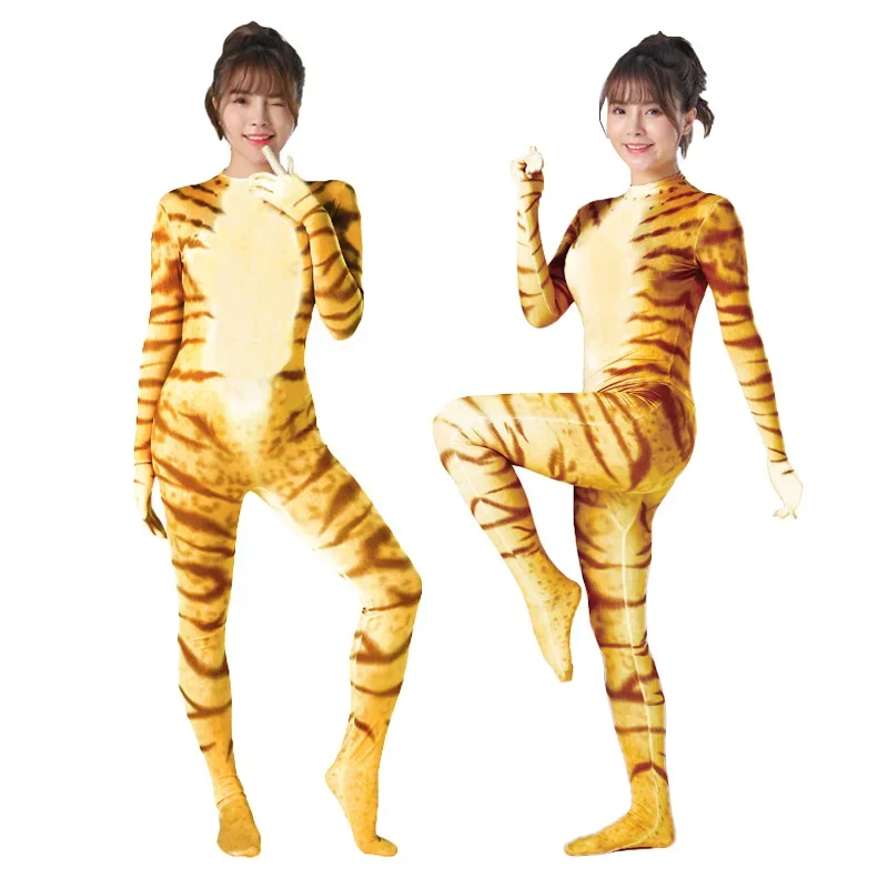 Sexy Aimal Print Bodysuit Women Cat Jumpsuit Catsuit With Gloves Rave Club Slim Bodycon Zentai Suit Halloween Cosplay Costume