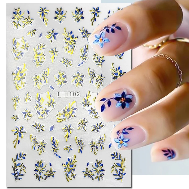 

3d Nail Art Decals Golden Lines Dark Blue Flowers Leaves Laces Designs Nail Stickers Sliders Decoration For Manicure
