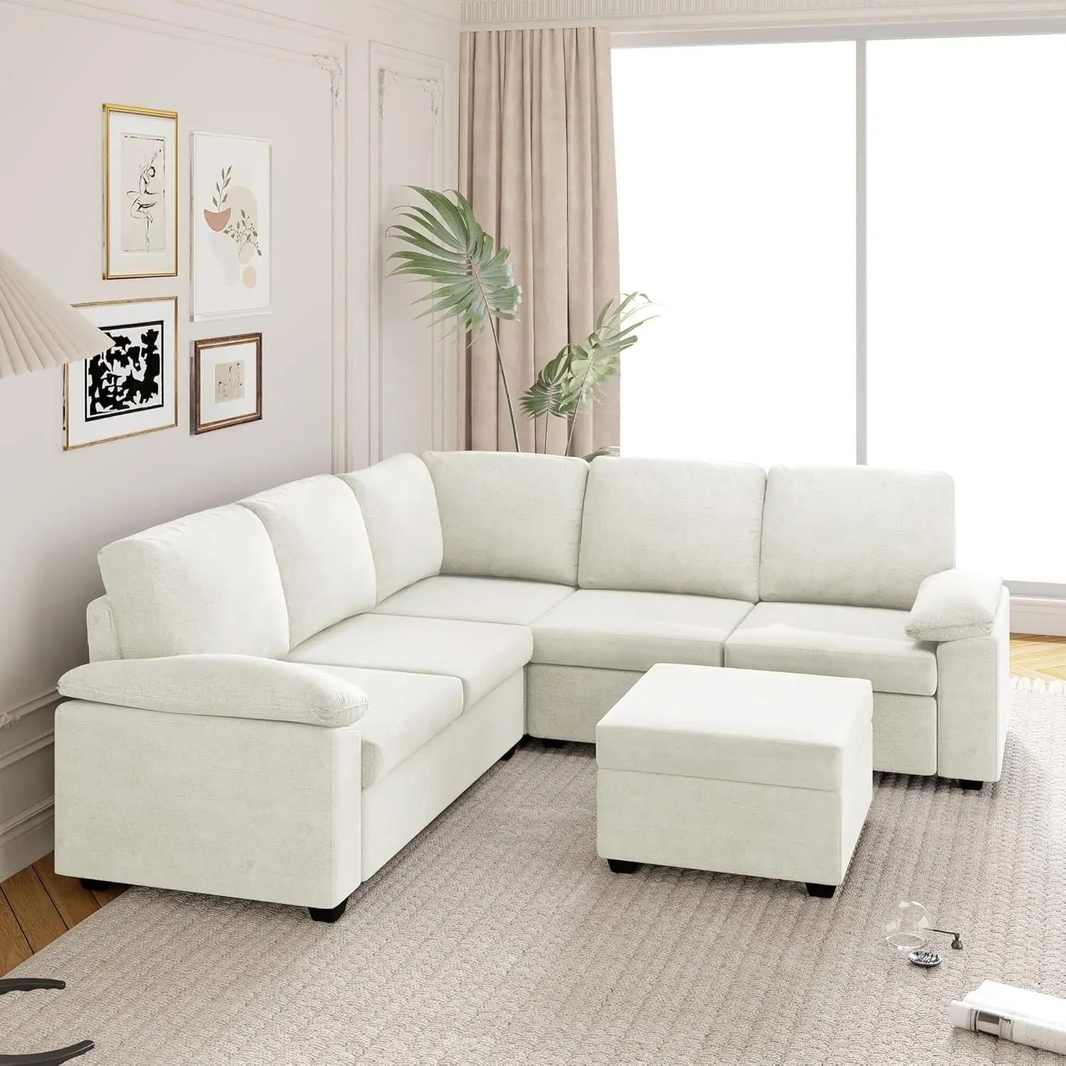 Large U Shaped Upholstered Corner Couch with Moveable Ottoman,Modern Velvet Sectional Sofa Set W/Armrest Pillow,6 Seat Indoor