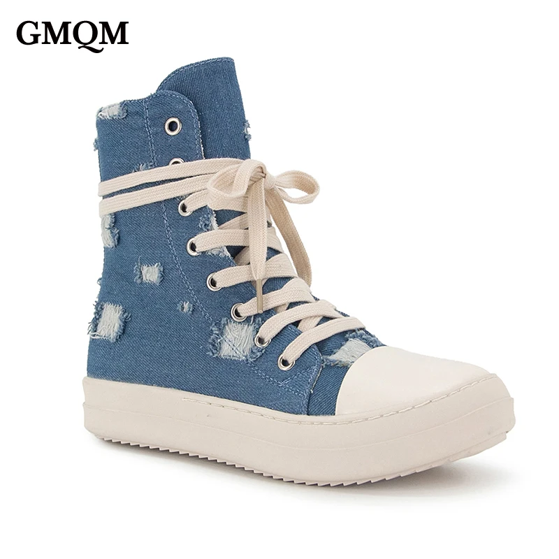 

GMQM Brand Fashion New Denim Blue Women Ankle Boots Round Toe Sports Jeans Casual Lace Up Shoes Flats Comfortable Walking Boots