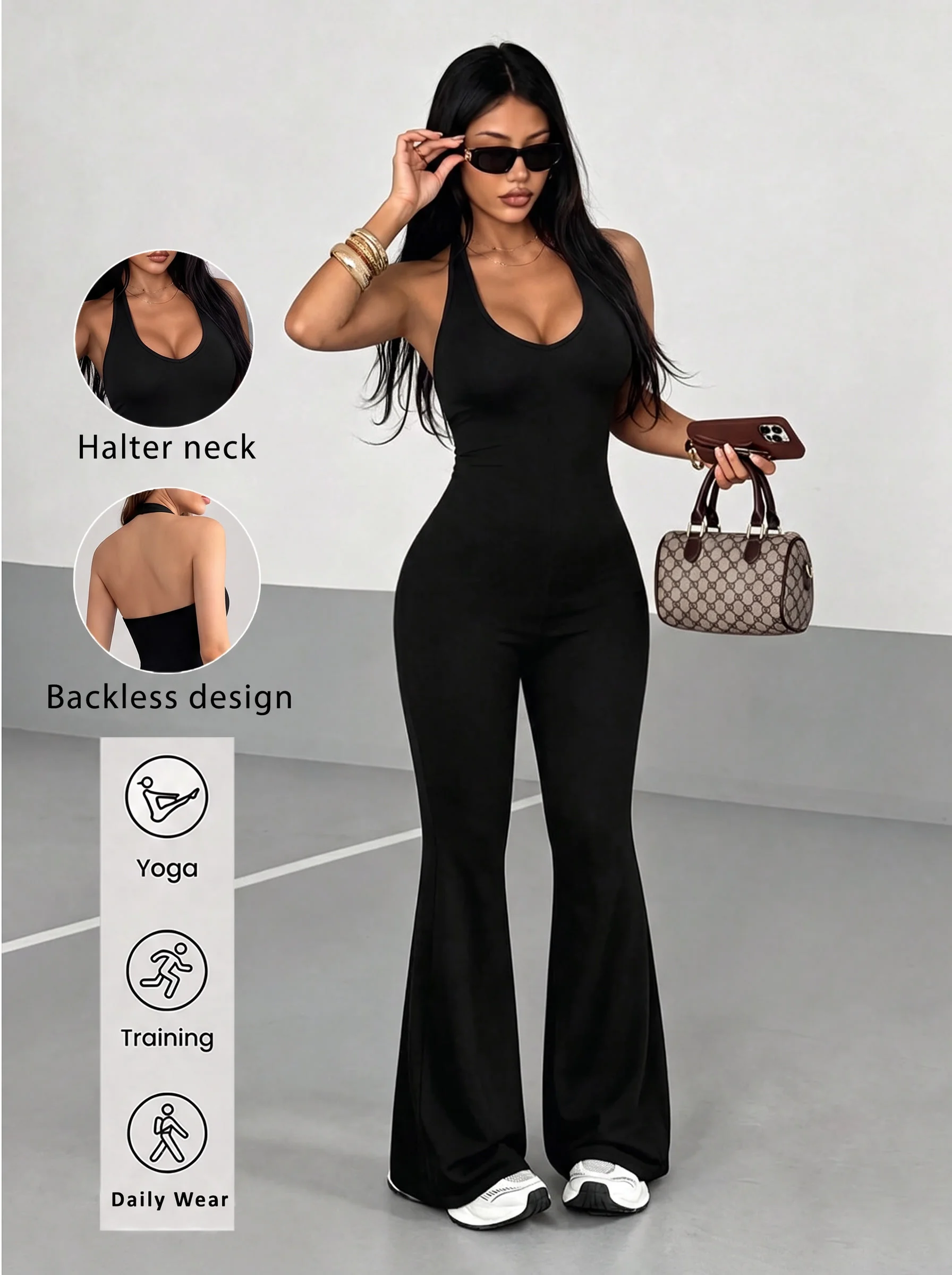 Women Halter Backless Jumpsuit Flare Leg Yoga Jumpsuit Sleeveless Bodycon Fitness One Piece Outfit Gym Training Daily Sportswear
