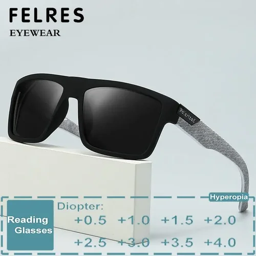 Gafas de sol de lectura cuadradas negras graduadas para hombres, gafas para presbicia terminadas, gafas de sol con sombra para exteriores + 1,0 + 1,5