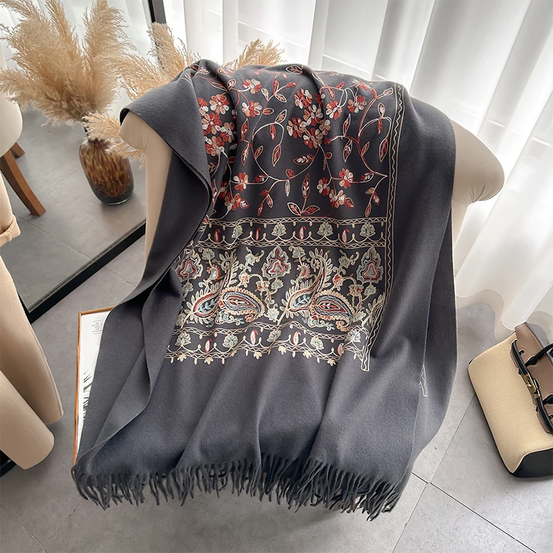 New Luxury Design Winter Embroidery Cashmere Scarves High Quality Women Thicken Wrap Shawl Ladies Warm Wool Pashmina Scarf