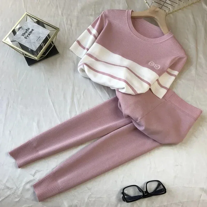 Summer Knitted Tracksuit Women Butterfly Contrast Color O-neck Short Sleeve Tops + Elastic Pencil Pants 2 Piece Woman Set Korean