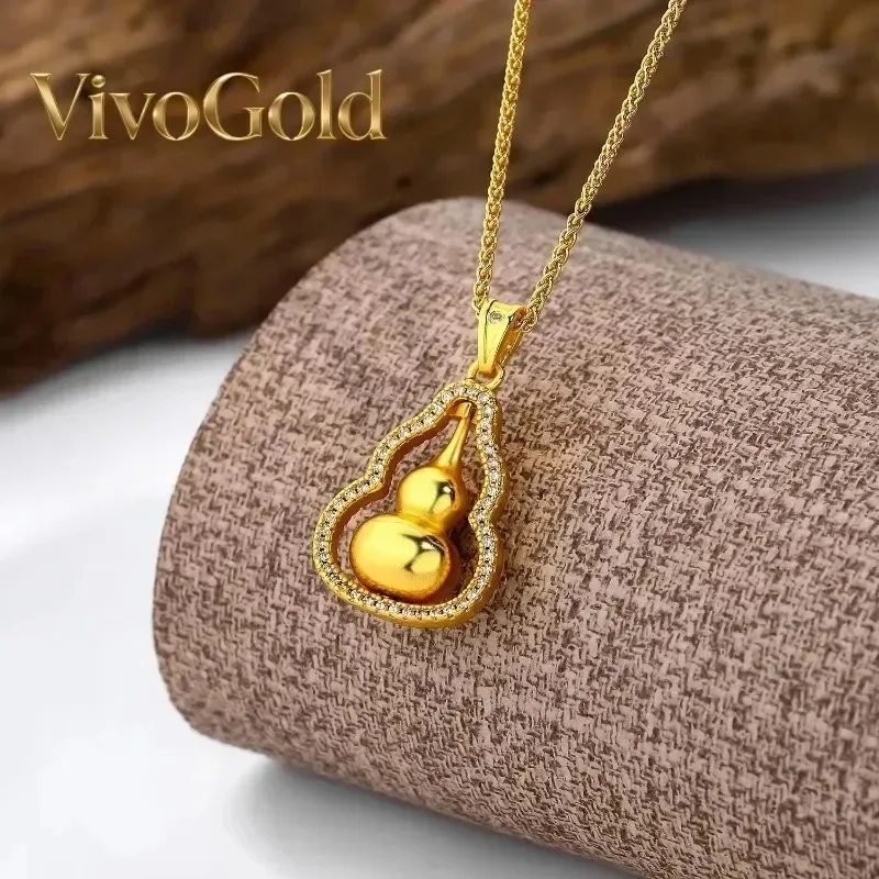 

VivoGold 999 24K real gold gourd rotation necklace Women's fashion new Chinese ancient micro inset zircon design collarbone chai