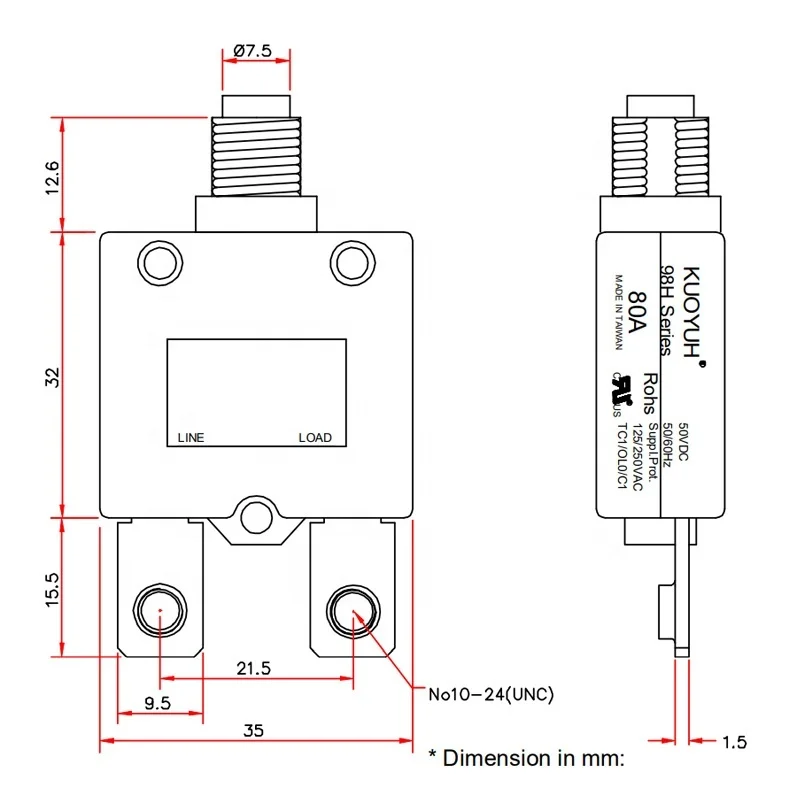 Kuoyuh 98H Series 50A 60A 65A 70A 80A Manual Reset Thermal DC Circuit Breaker Over Current Overload Protector Switch