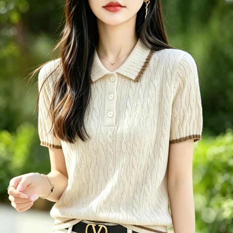 Women's POLO collar T-shirt summer Lyocell knitted short sleeved casual color blocked pullover loose top fashionable hot selling
