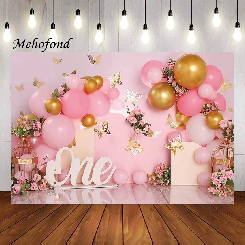 Mehofond Photography Background Pink Balloons Garden Floral Butterfly Girls Birthday Party Portrait Decor Backdrop Photo Studio