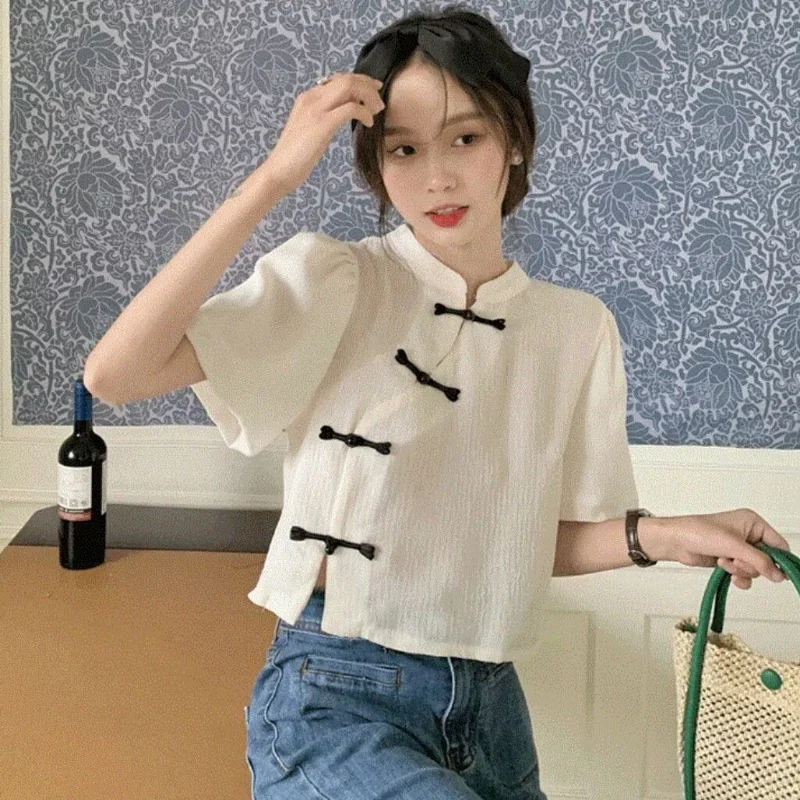 Shirts Women New Chinese Style Button Design Vintage Tender Stand Collar Fashion Loose Casual Solid Temperament Summer Classic