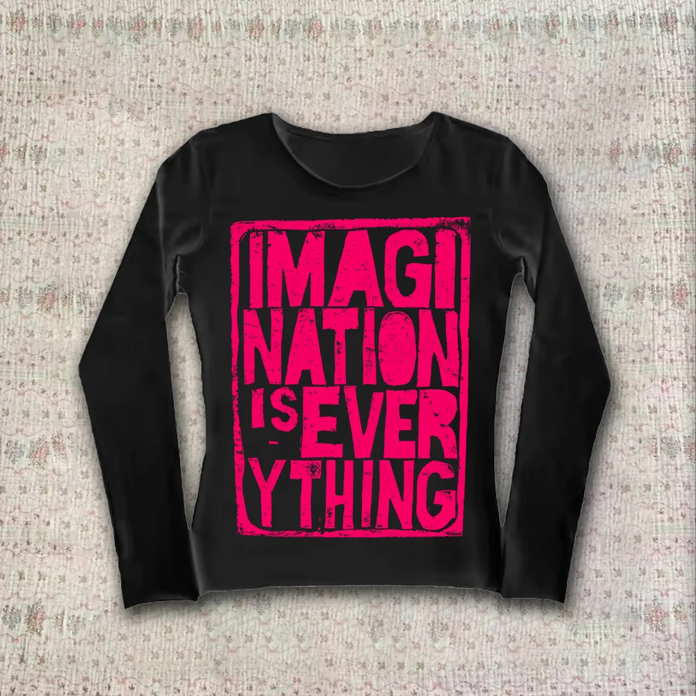 Y2k streetwear O-neck 90s printed top Harajuku women's simple retro T-shirt aesthetic mood long sleeved T-shirt autumn