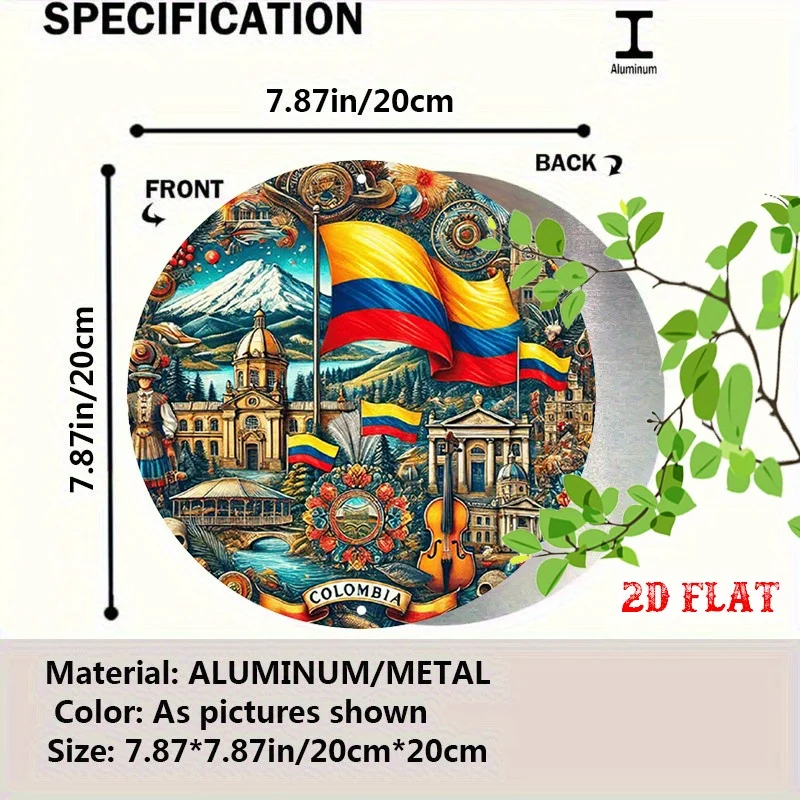 2D Flat - Round Aluminum Sign Featuring a 2D Flat Mountain Scene, Traditional Music Cultural Symbols, And Colombia Flag Design.