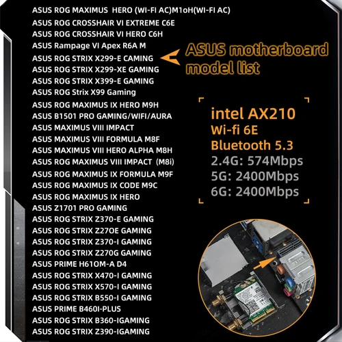 Imagen 2 del producto Intel AX210 ASUS WiFi Go adaptador de red WiFi 6E inalámbrico Bluetooth 5,3 5374Mbps tarjeta WiFi para Asus B550 X570 antena de alta ganancia