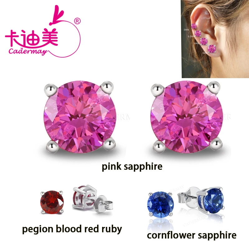 Round Lab Grown Pegion Blood Red Ruby Cornflower Sapphire With Inclusions For Women S925 Sterling Silver Earrings Fine Jewelry