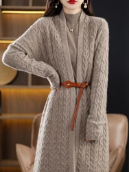 100% Pure Wool Cashmere Sweater Woman V-neck Long Twist Cardigan Casual Knit Tops Autumn Winter New Jacket Warmth Thick Outwear