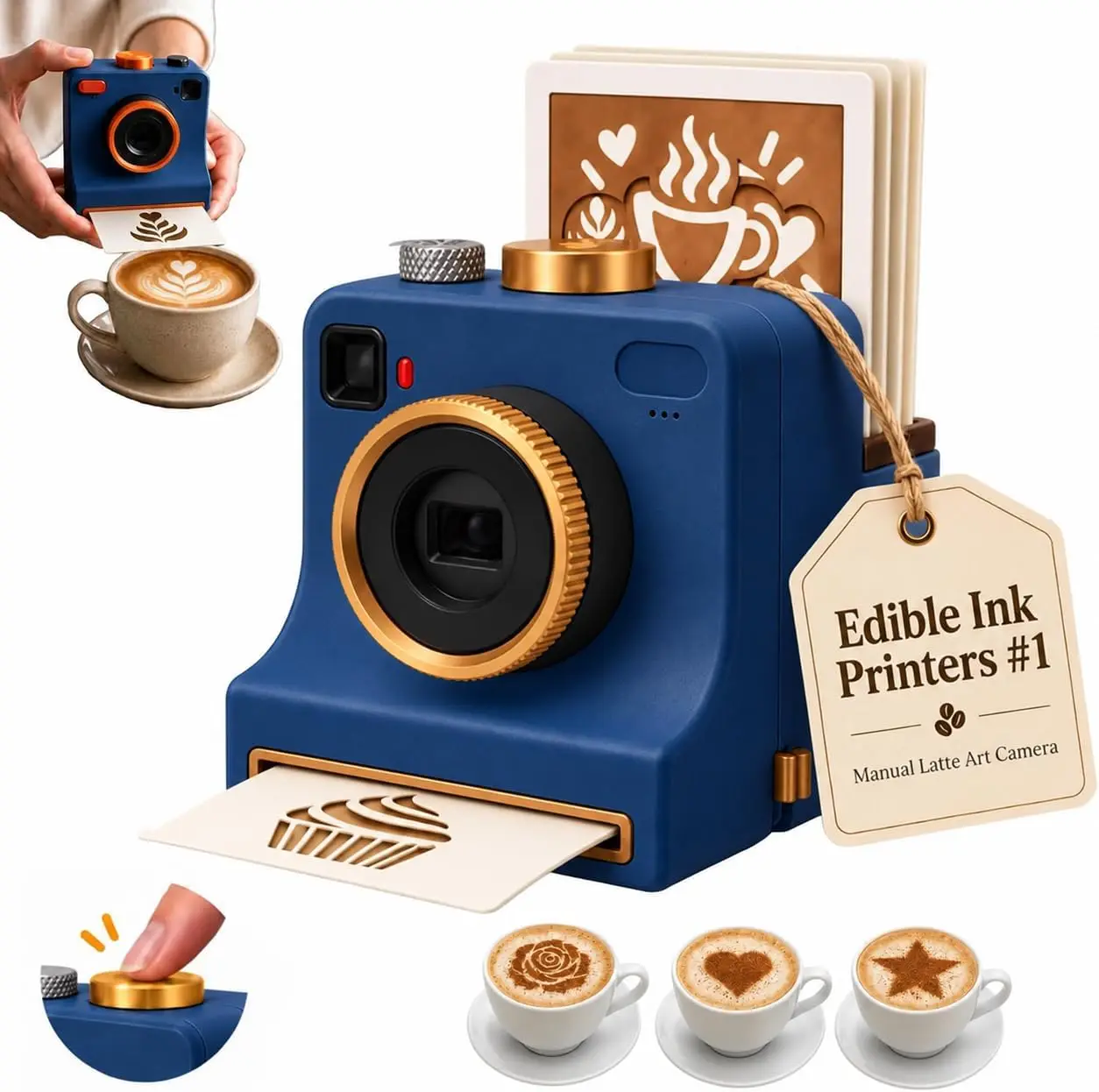 2026 Manual 3D Printed Latte Art Camera，Coffee Stencil Machine, Coffee Printer,  with 4 Random Stencil Cards for Cappuccino