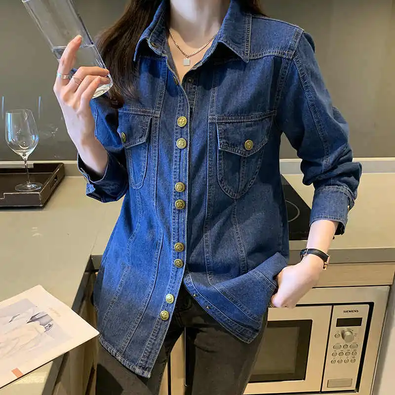 

Vintage Blue Denim Shirt Women Long Sleeve Turn Down Collar Single-breasted Jean Outerwear Spring Autumn Female Tops