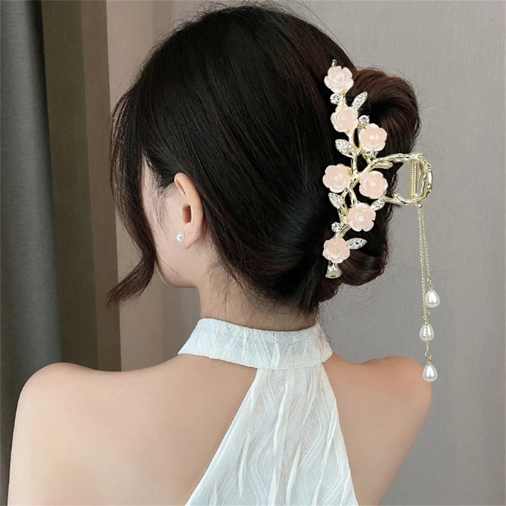 Ethnic style high-end alloy inlay rhinestones Crab hair clip accessories for women Camellia tassel claw clips for girls  pins