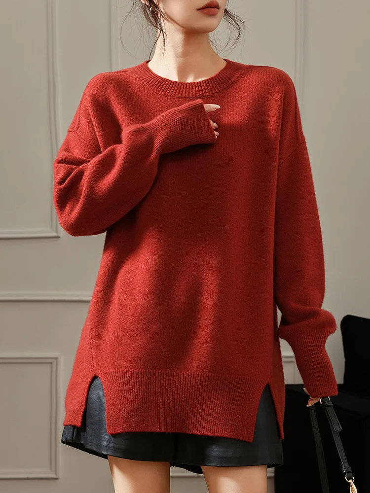 

New Women's 100% Merino Wool Sweater Loose Autumn Winter Knitwear Thick Pullover Length Blouse Ladies Long Sleeve Clothing Tops