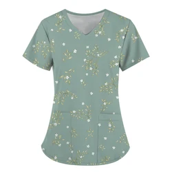 2023 Nurse Suit Women's Short Sleeve V-Neck Flower Element 3D Printed Clothing T-shirt with Pockets Work Suit Medical Care Suit