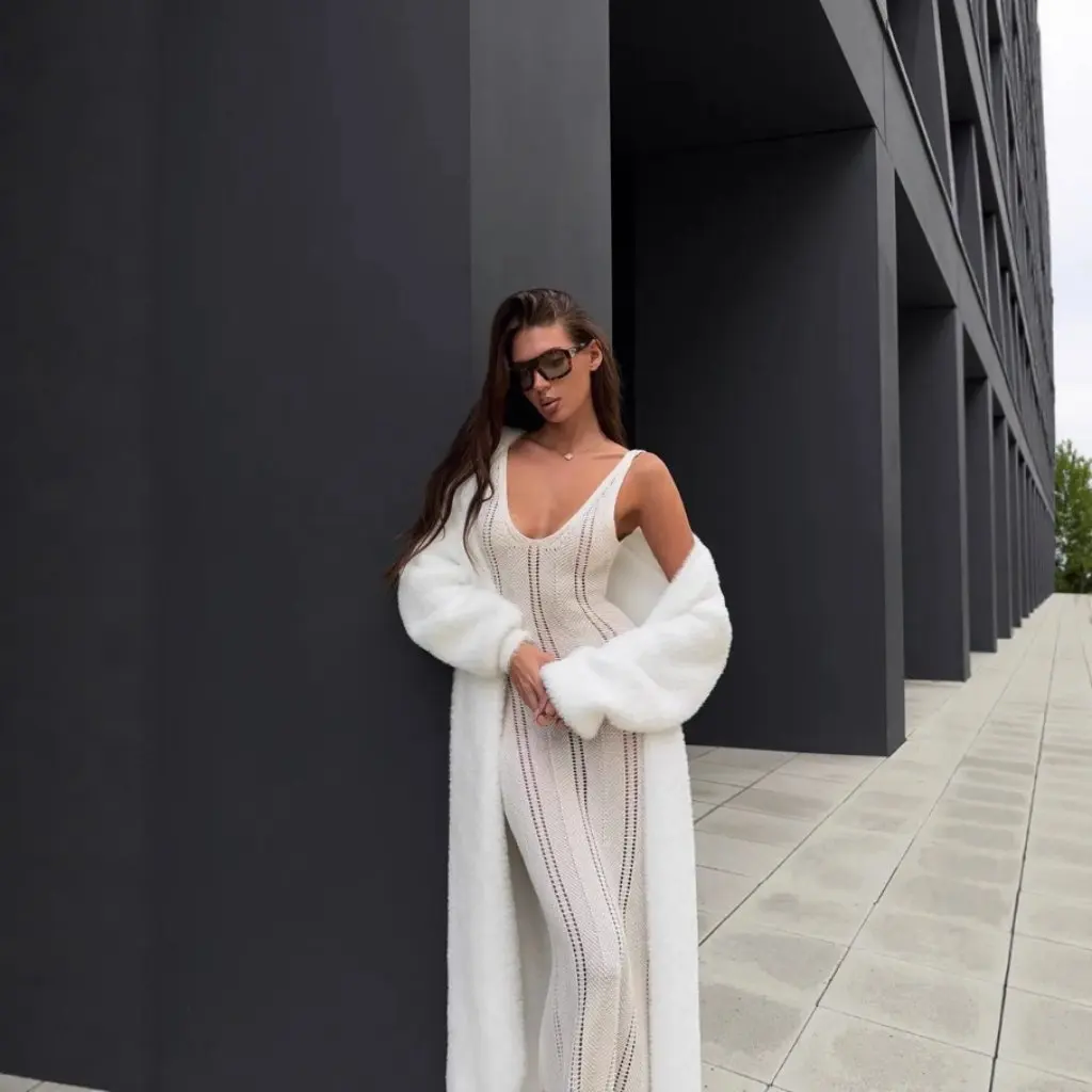 

Women's Long Loose Knitted Mink Coat Soft Autumn Winter Sweater Over Knee Open Cardigan White Outerwear Trendy Style