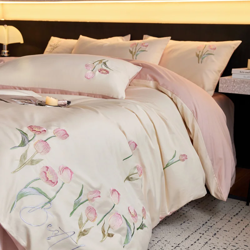 600TC Egyptian Cotton Luxury Bedding Set Tulip Embroidery Duvet Cover Set Bed Sheet Pillowcases 4Pcs King Queen Size Bed Linen