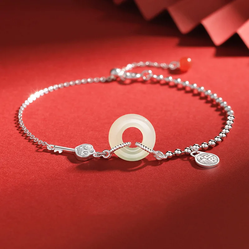 KOFSAC Chinese Classical Style Jade Circular Bracelets For Women Elegant 925 Sterling Silver Jewelry Blessing Key Bracelet