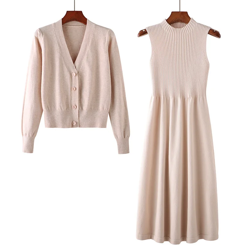 

2025 new spring and autumn long-sleeved v-neck top two-piece suit sweater dress wild loose knit cardigan women